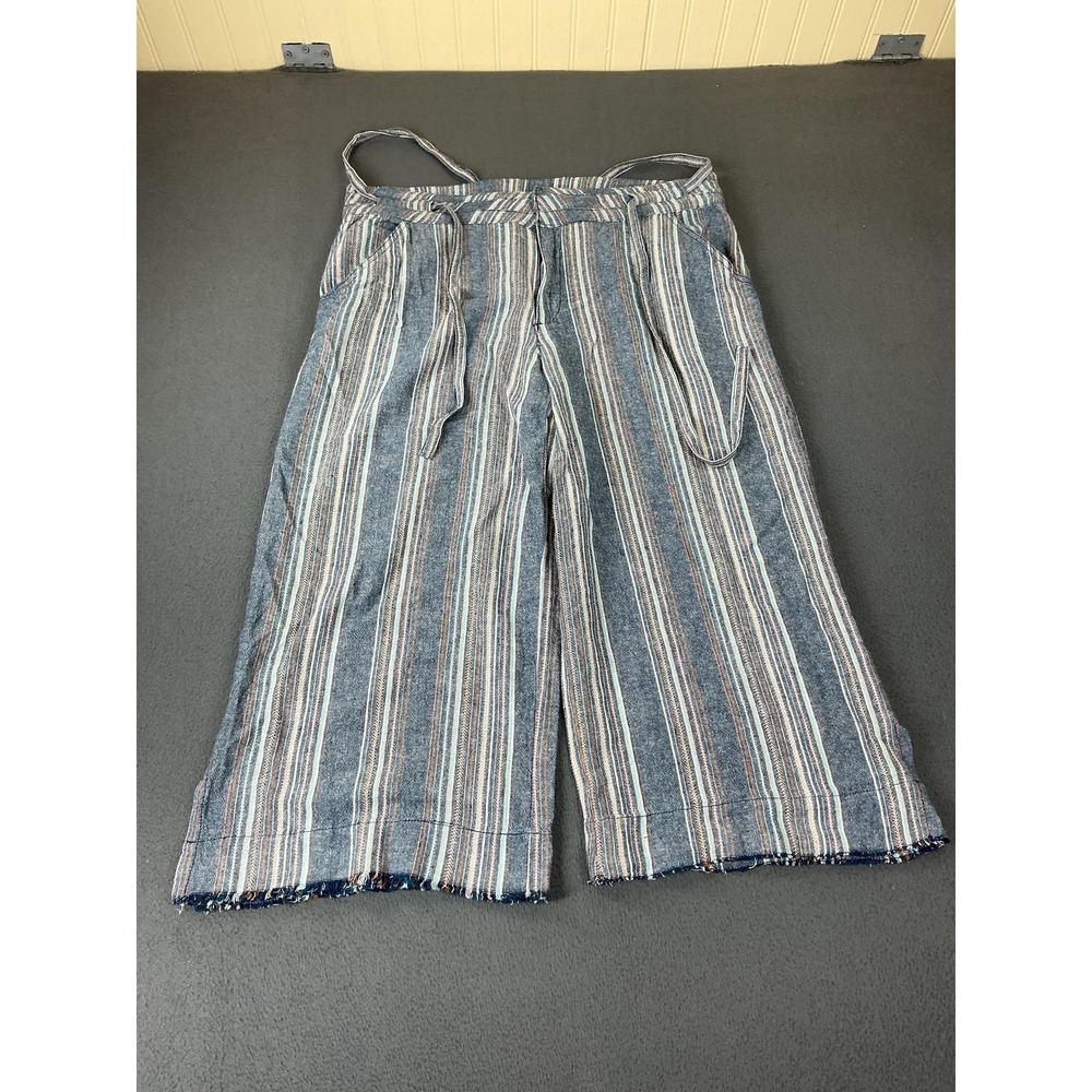 Democracy Pants Womens 12 Blue Cropped Wide-Leg Chambray Striped Fringe